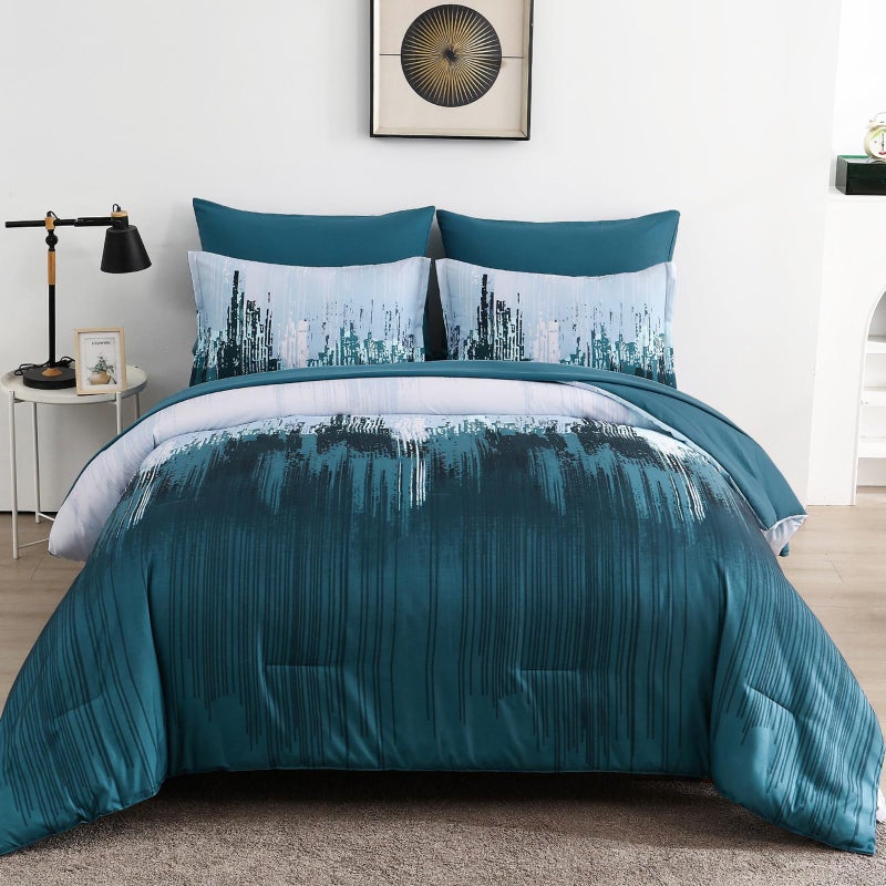 WONGS BEDDING Comforter Set King  Teal Blue 7 Pieces Bed in a Bag Colorful Abstract Art Gradient Comforter Soft Microfiber Bedding Set with Comforter Flat Sheet Fitted Sheet Pillow Shams Pillowcases - Image 1